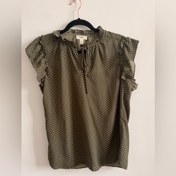 Tamara H Tops - Ruffle Sleeve Olive Green Polka Dot Blouse with Tie Neck